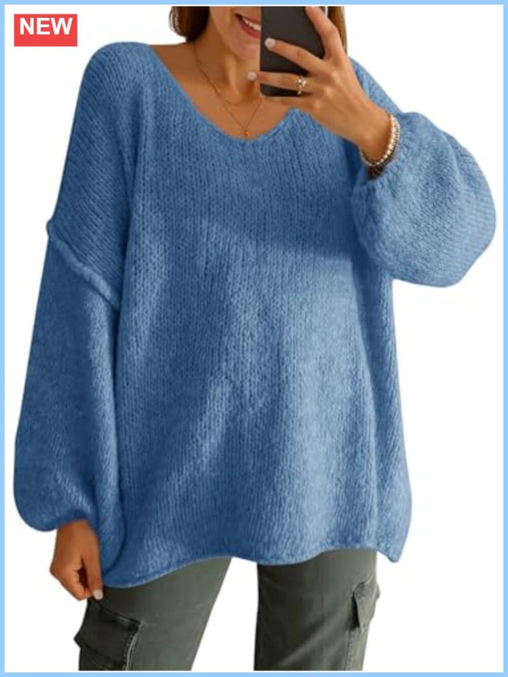 Oversized V Neck Sweater Chunky Lantern Sleeve Ribbed Knit Pullover Women